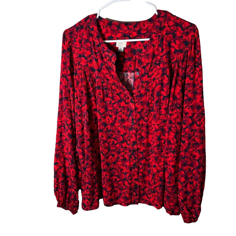 A New Day Blouse Women's XL Red Floral Long Sleeve V-Neck Button Up Top Shirt